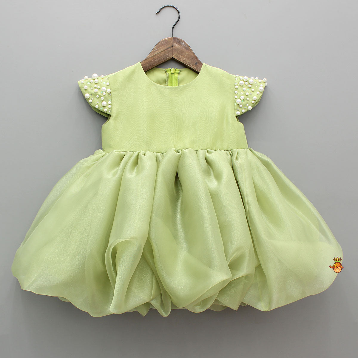 Pre Order: Green Embellished Dress With Detachable Bow