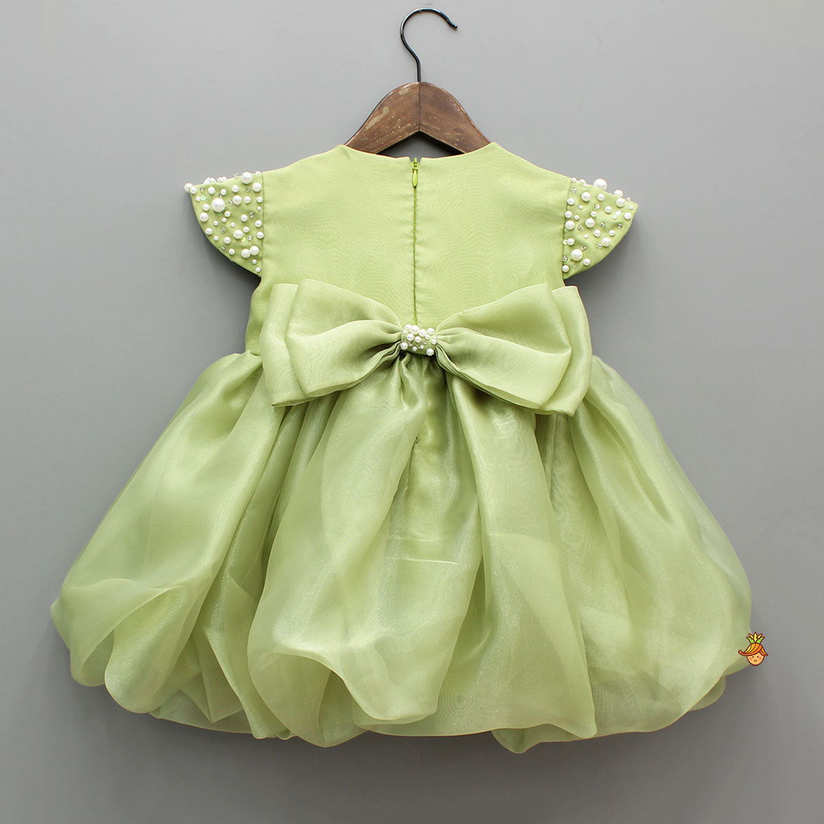 Pre Order: Green Embellished Dress With Detachable Bow