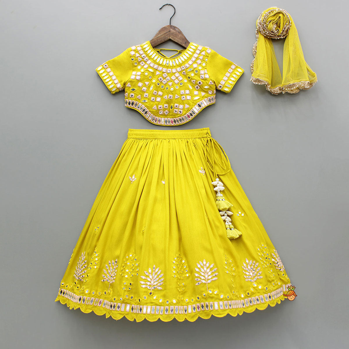 Pre Order: Faux Mirror Embroidered Top And Lehenga With Dupatta