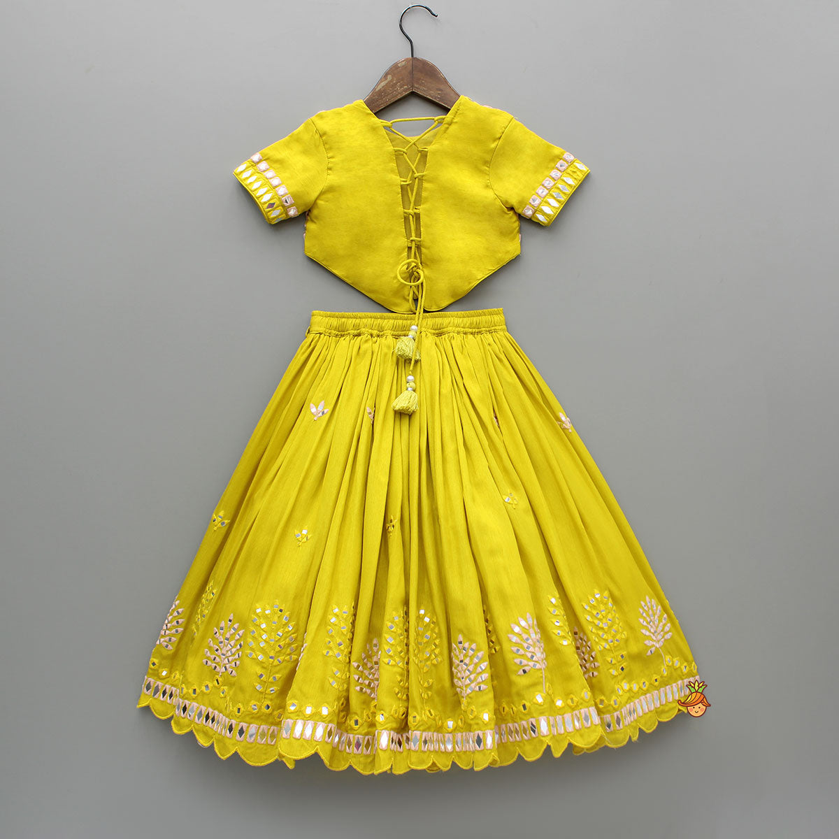 Pre Order: Faux Mirror Embroidered Top And Lehenga With Dupatta