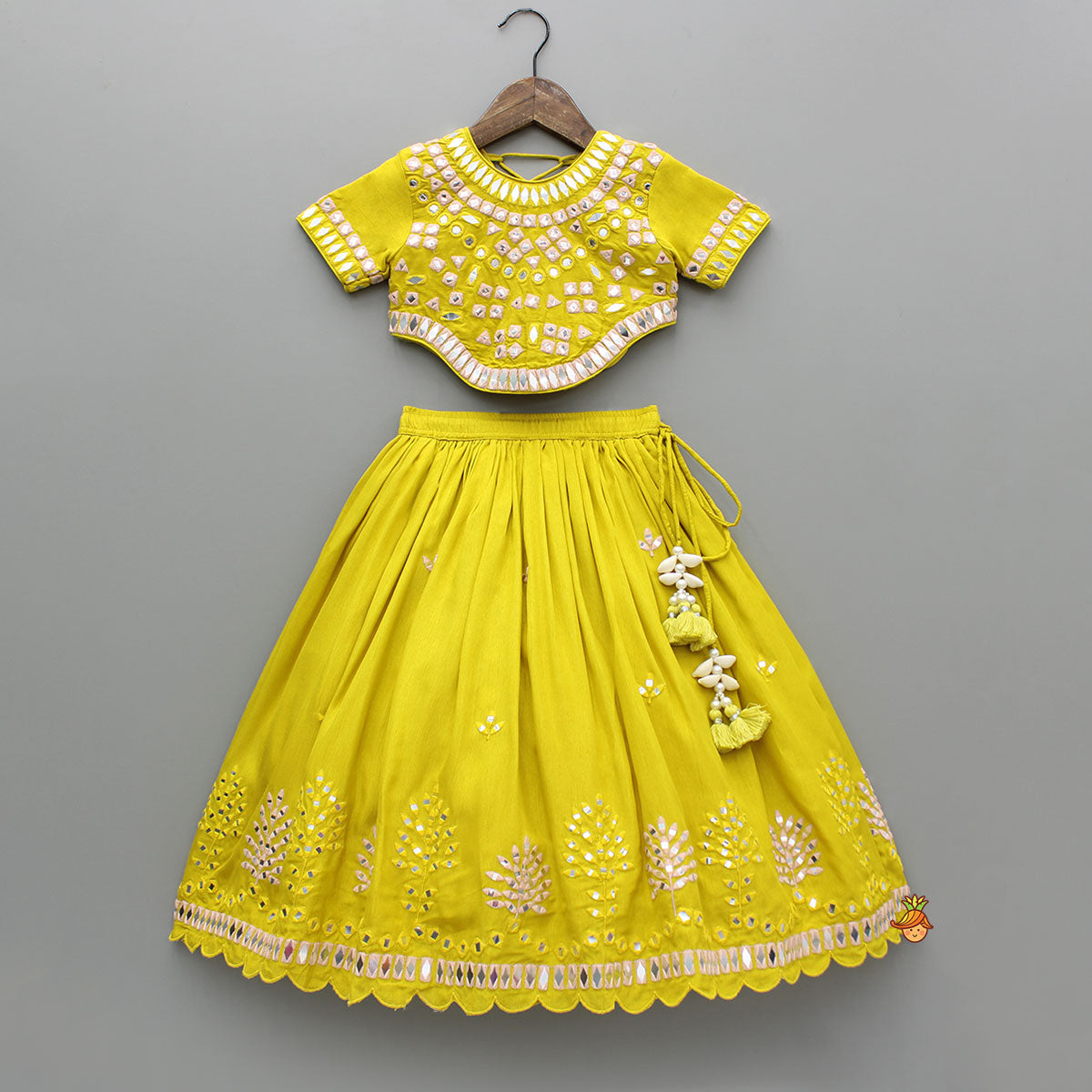 Pre Order: Faux Mirror Embroidered Top And Lehenga With Dupatta