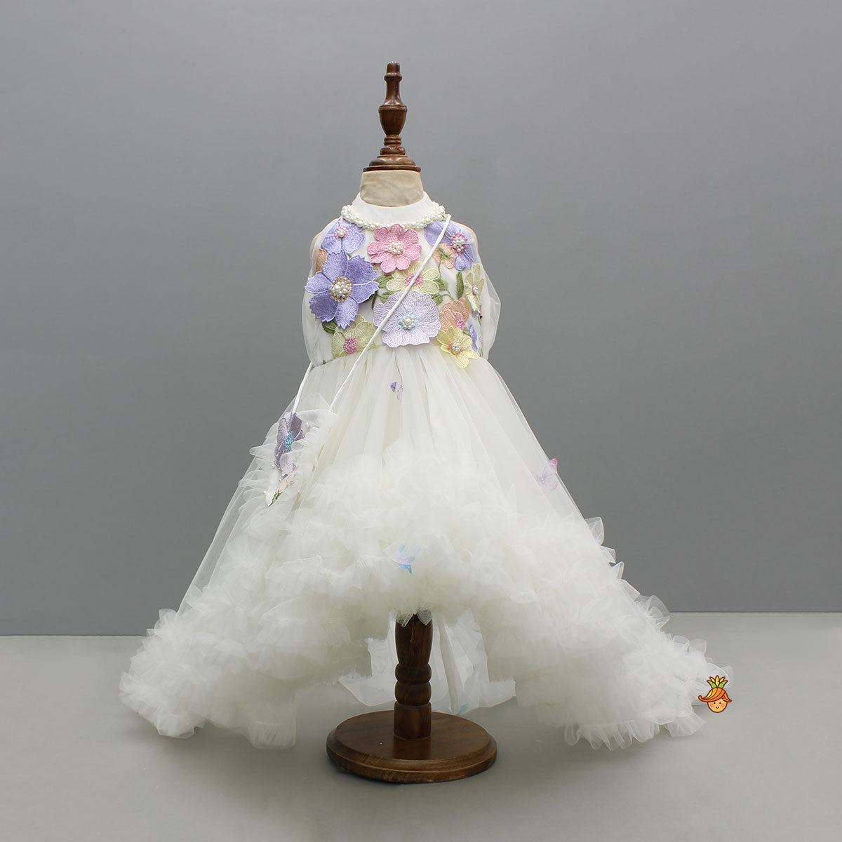 Pre Order: Off White Halter Neck Embellished Trial Dress With Sling Bag