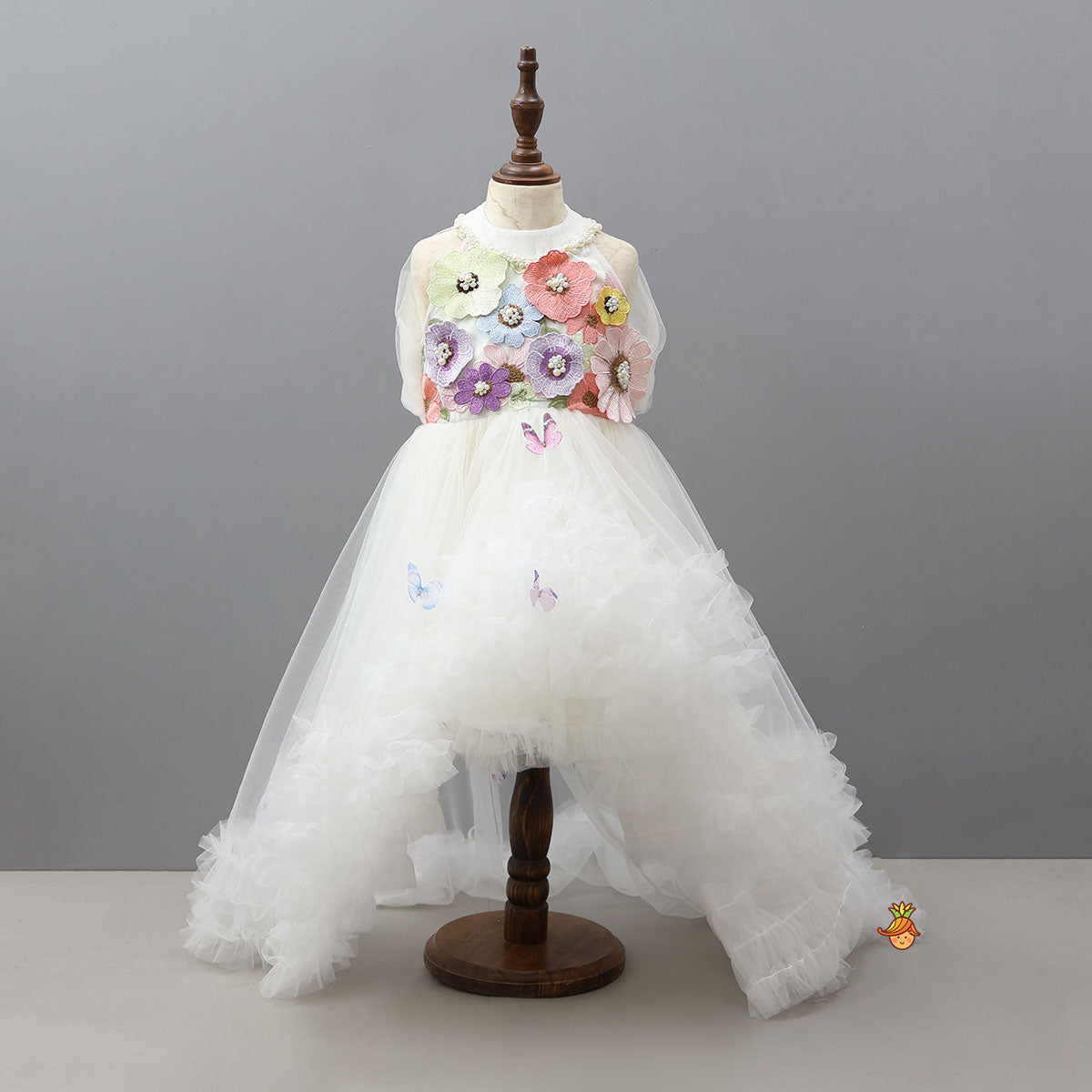 Off White Halter Neck Embellished Trail Dress With Sling Bag
