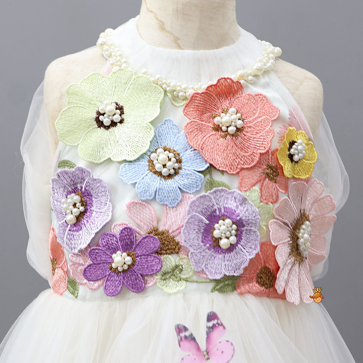 Off White Halter Neck Embellished Trail Dress With Sling Bag