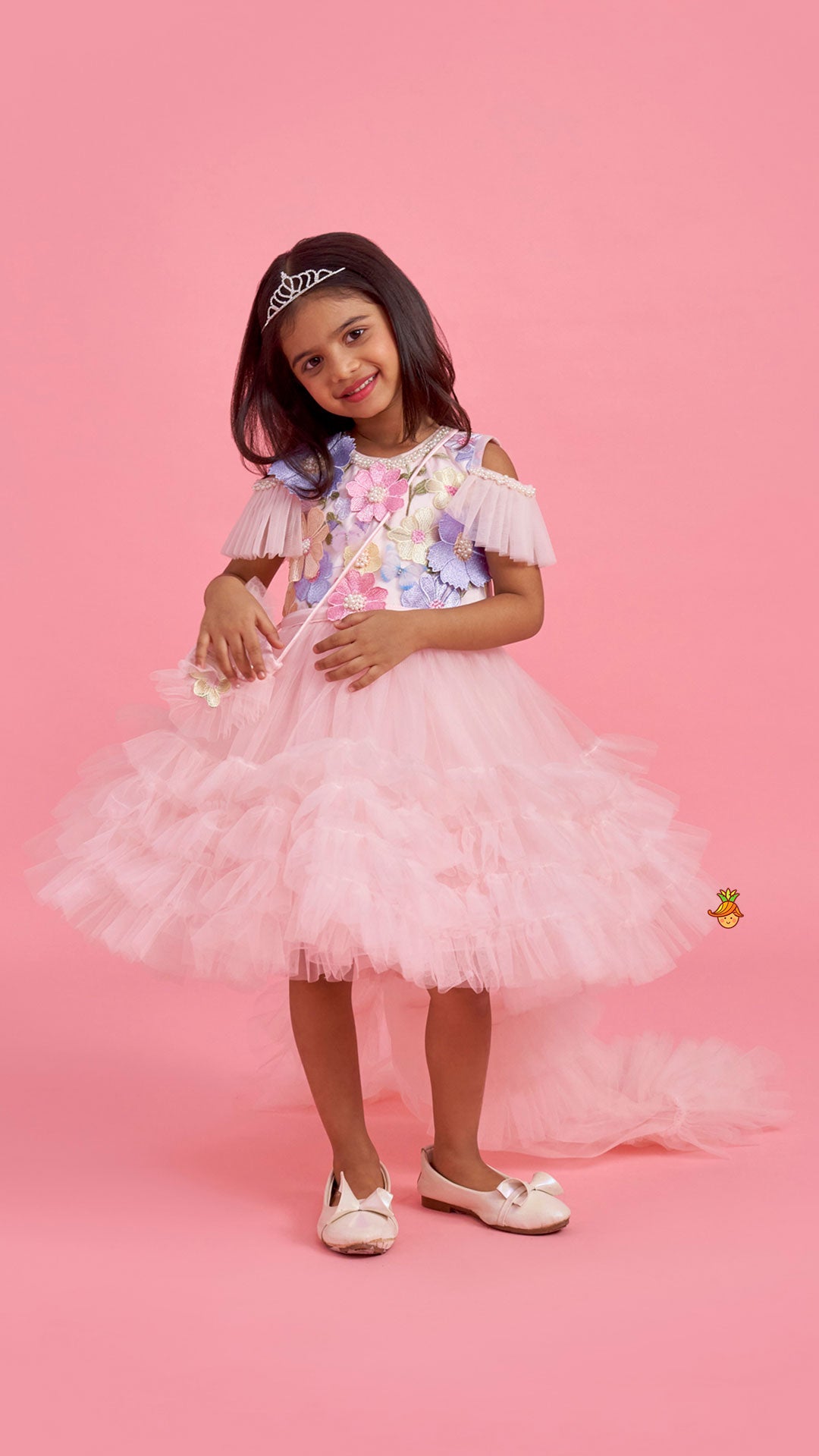 Pre Order: Peach Embellished Detachable Trail Dress And Bow With Sling Bag