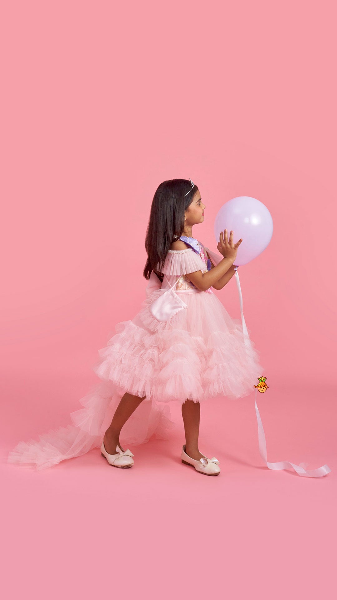 Pre Order: Peach Embellished Detachable Trail Dress And Bow With Sling Bag