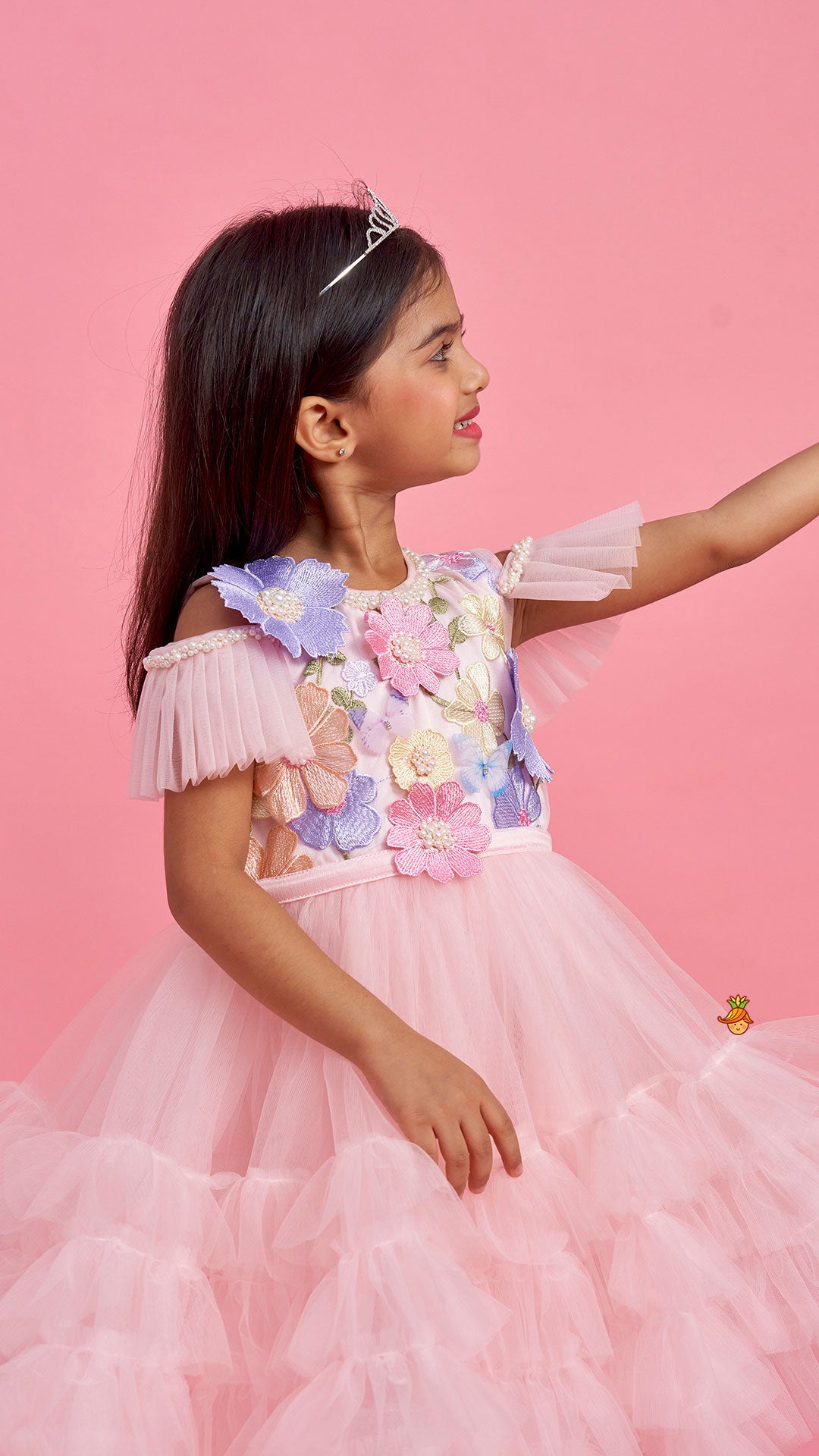Pre Order: Peach Embellished Detachable Trail Dress And Bow With Sling Bag