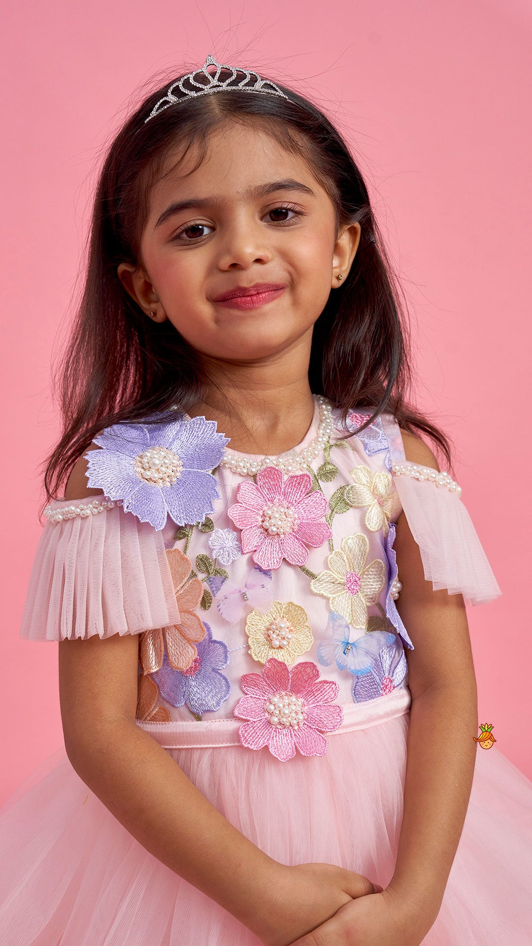 Pre Order: Peach Embellished Detachable Trail Dress And Bow With Sling Bag