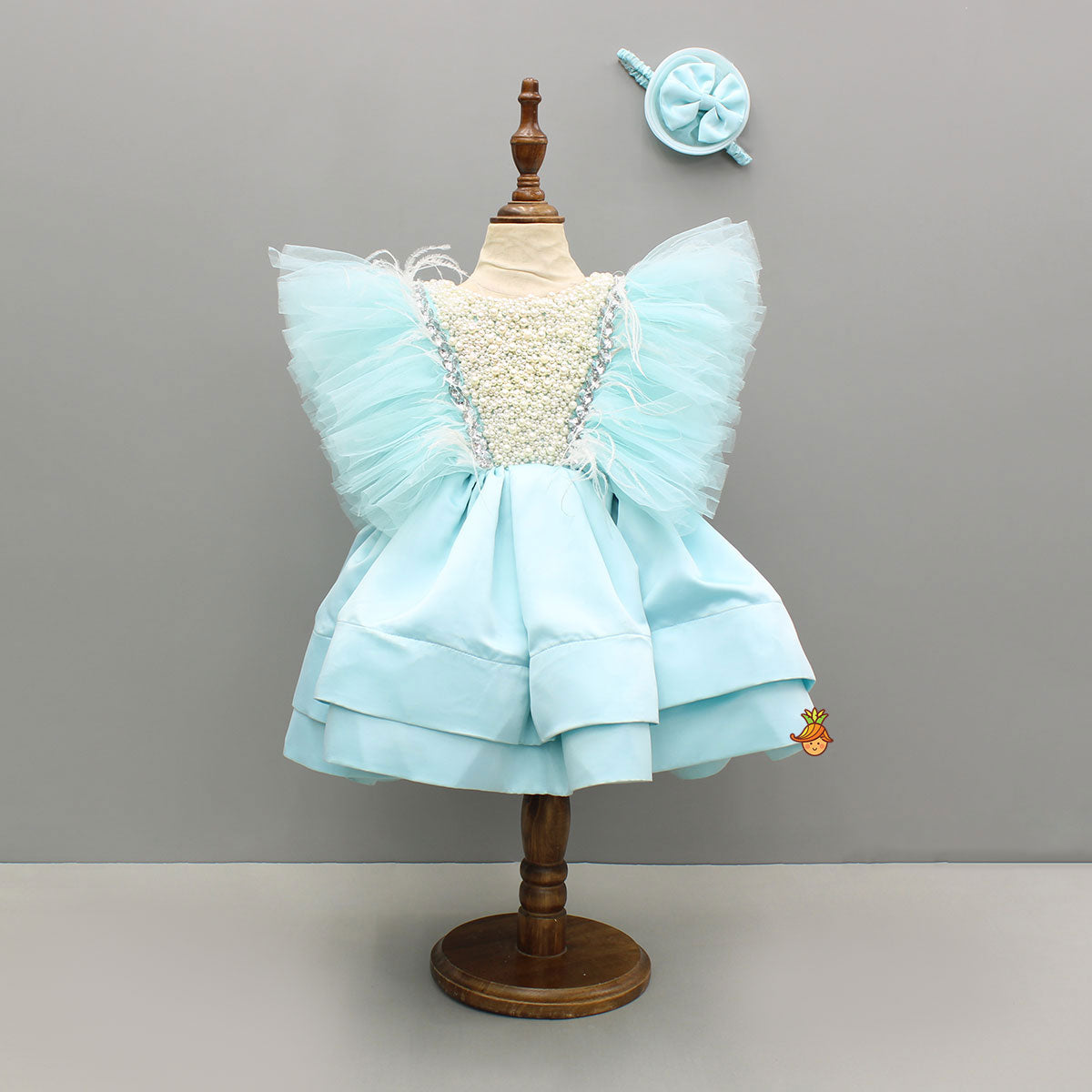 Pre Order: Blue Embellished Frilly Layered Dress With Detachable Bow And Swirled Bow Headband