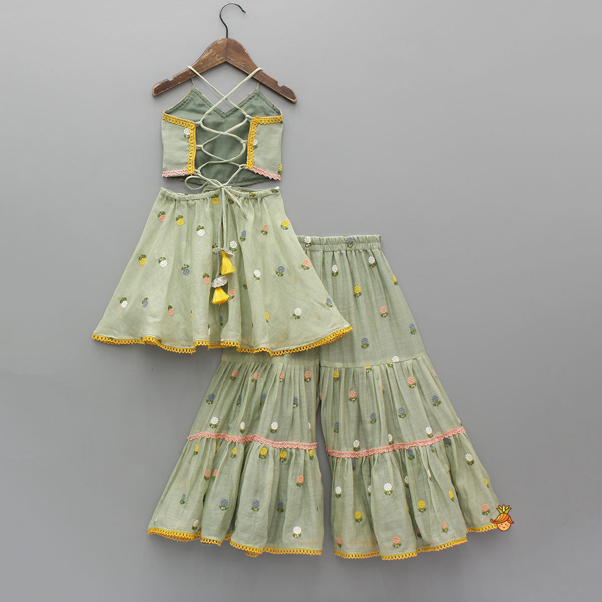 Pre Order: Green Floral Embroidered Stylish Backless Kurti With Sharara And Dupatta