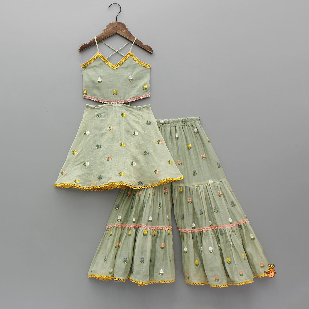 Pre Order: Green Floral Embroidered Stylish Backless Kurti With Sharara And Dupatta