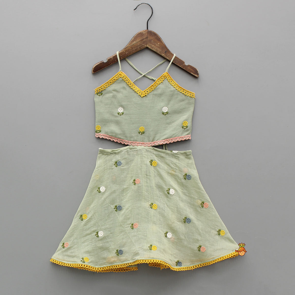 Pre Order: Green Floral Embroidered Stylish Backless Kurti With Sharara And Dupatta