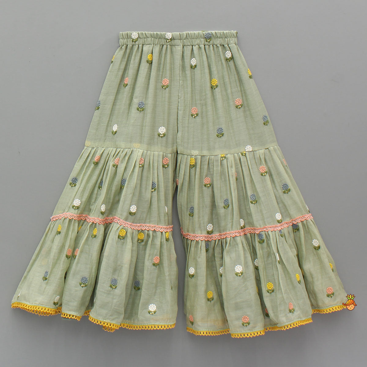 Pre Order: Green Floral Embroidered Stylish Backless Kurti With Sharara And Dupatta