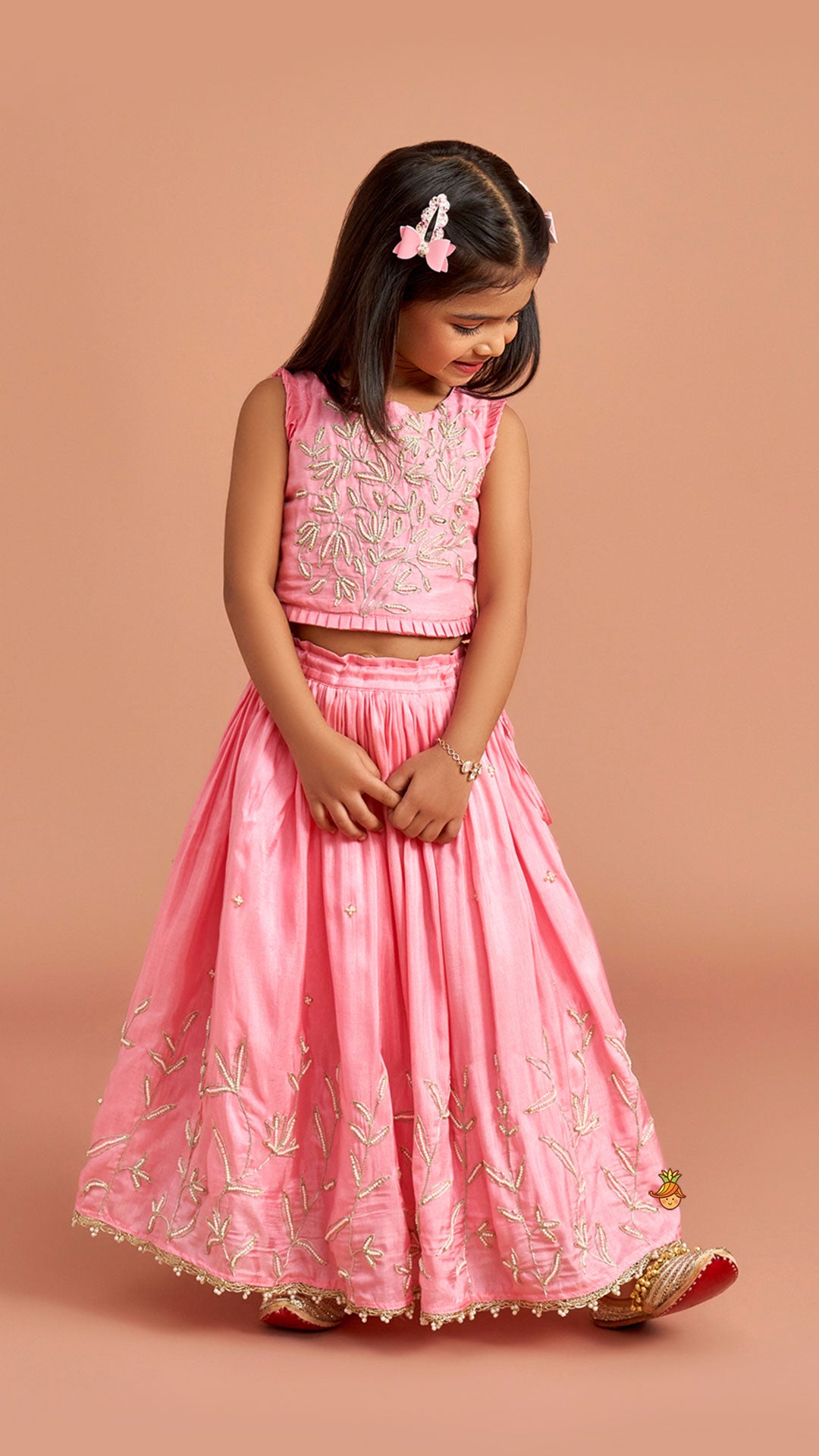 Pre Order: Pink Embroidered Top And Lehenga