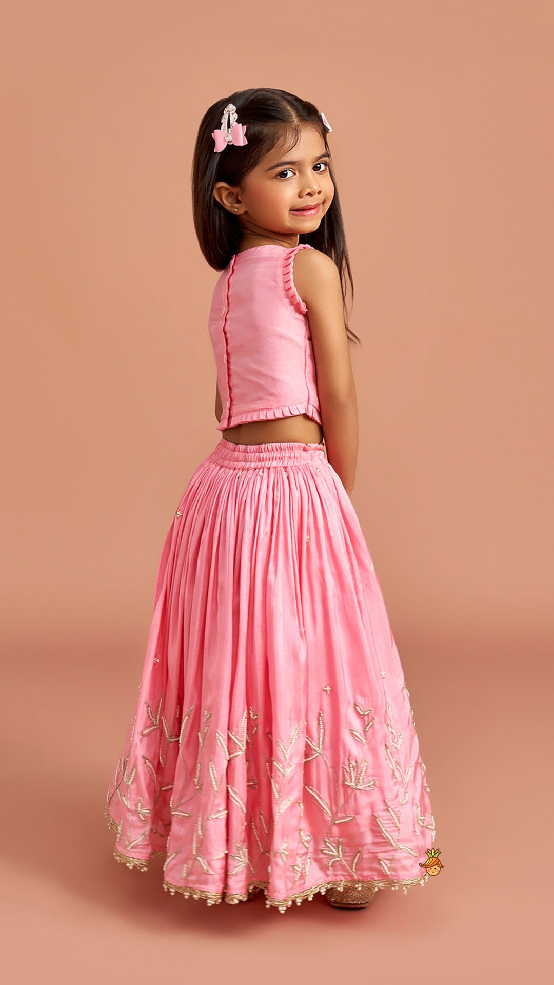 Pre Order: Pink Embroidered Top And Lehenga