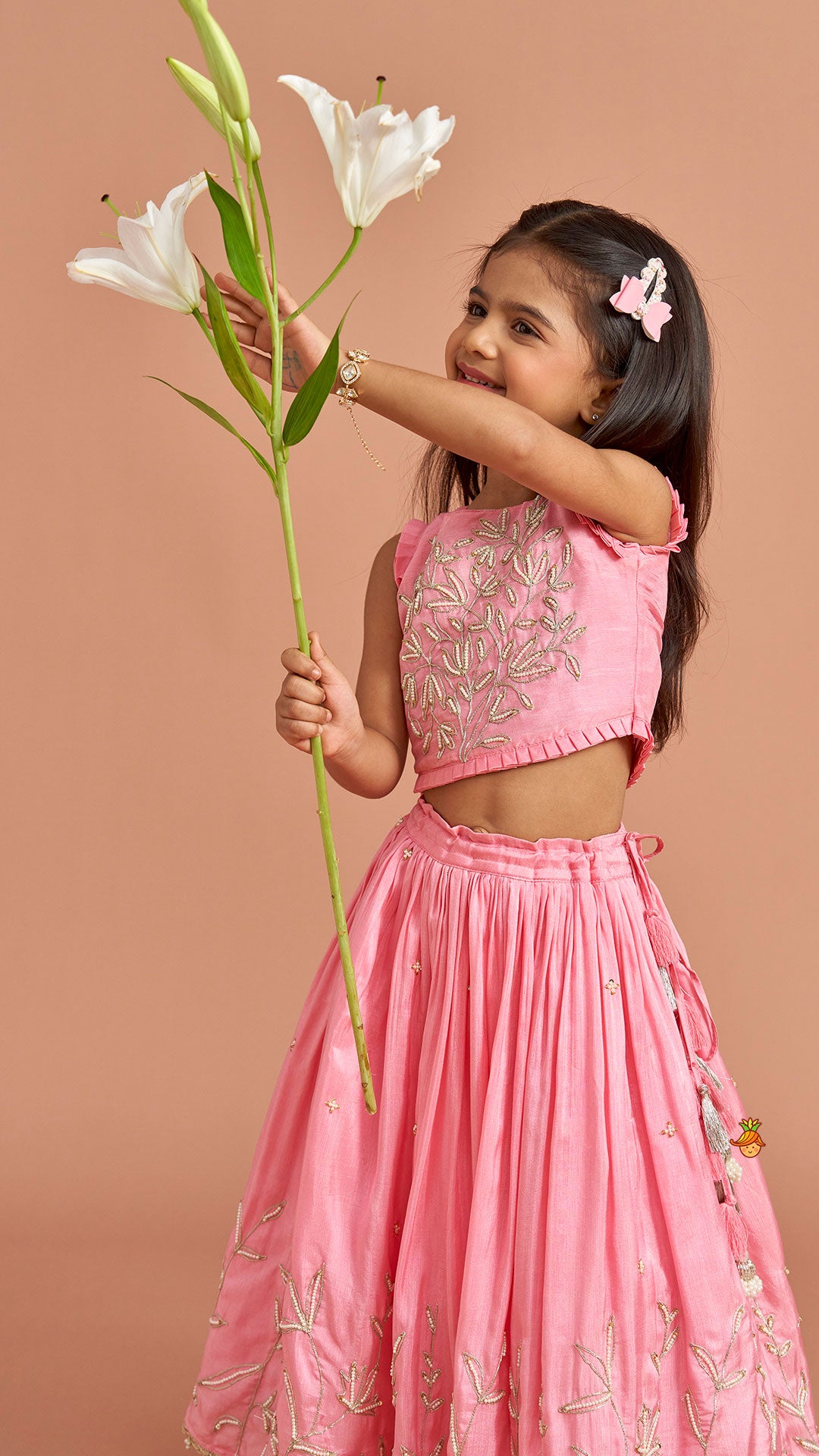 Pre Order: Pink Embroidered Top And Lehenga