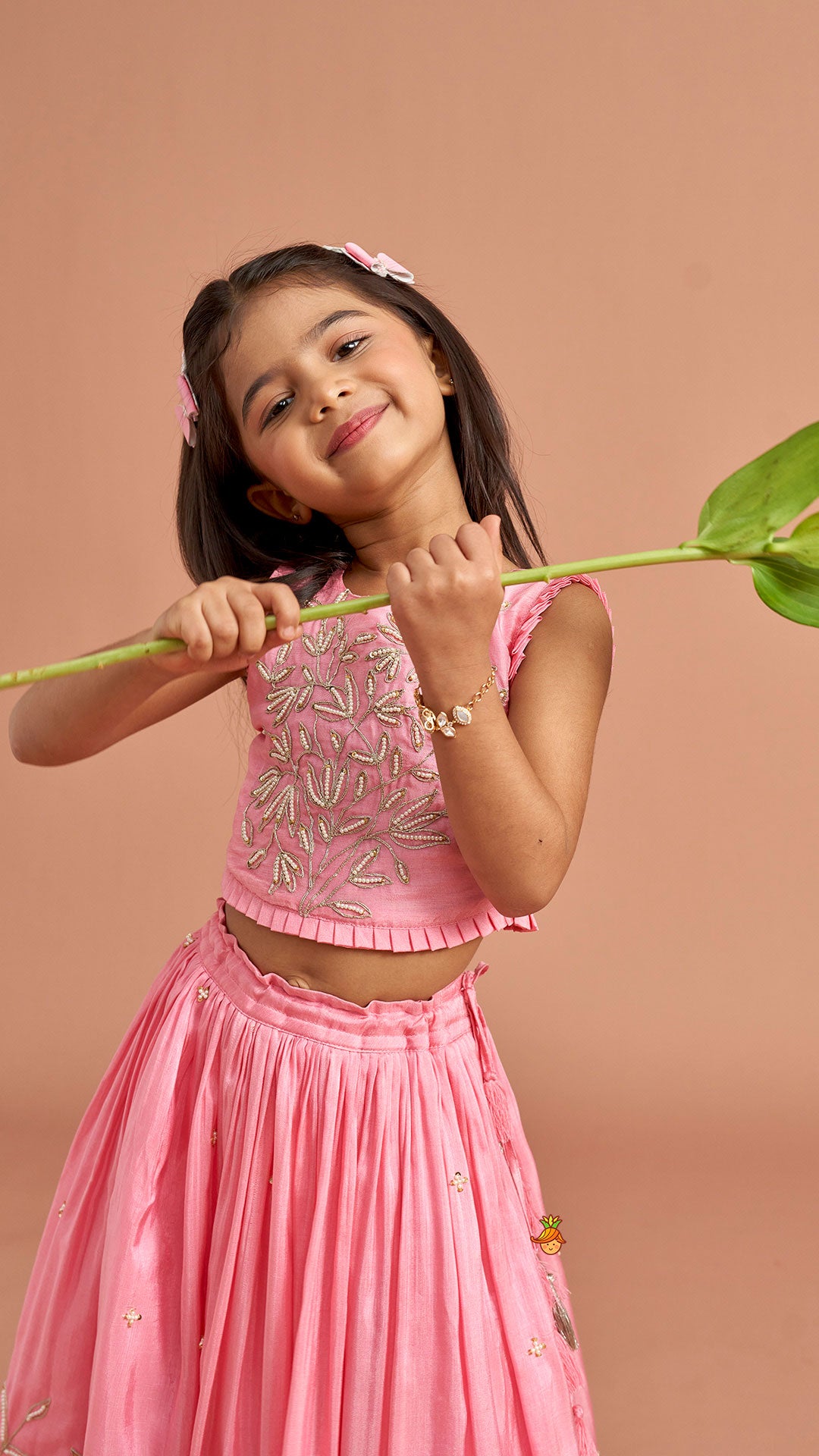 Pre Order: Pink Embroidered Top And Lehenga