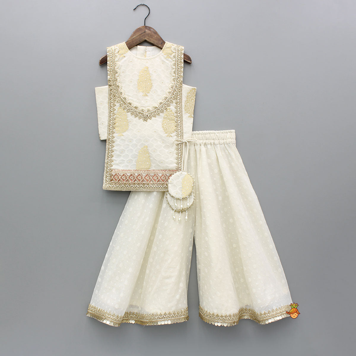 Pre Order: Off White Embroidered Embellished Top And Palazzo