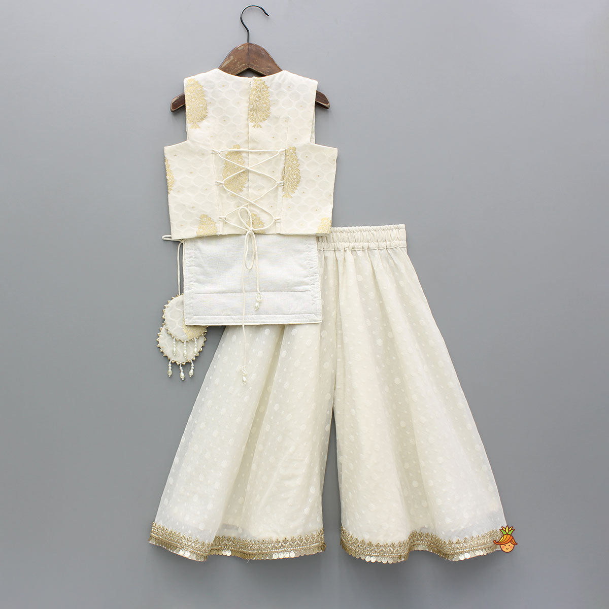 Pre Order: Off White Embroidered Embellished Top And Palazzo