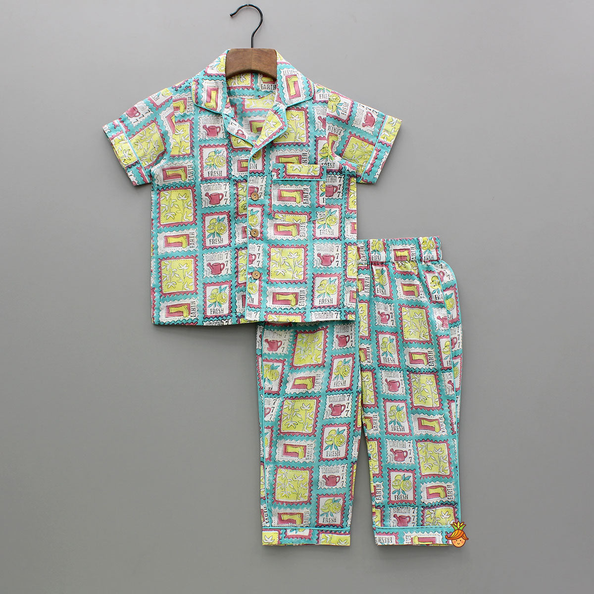 Pre Order: Hand Block Printed Multicolour Notch Collar Top And Pyjama