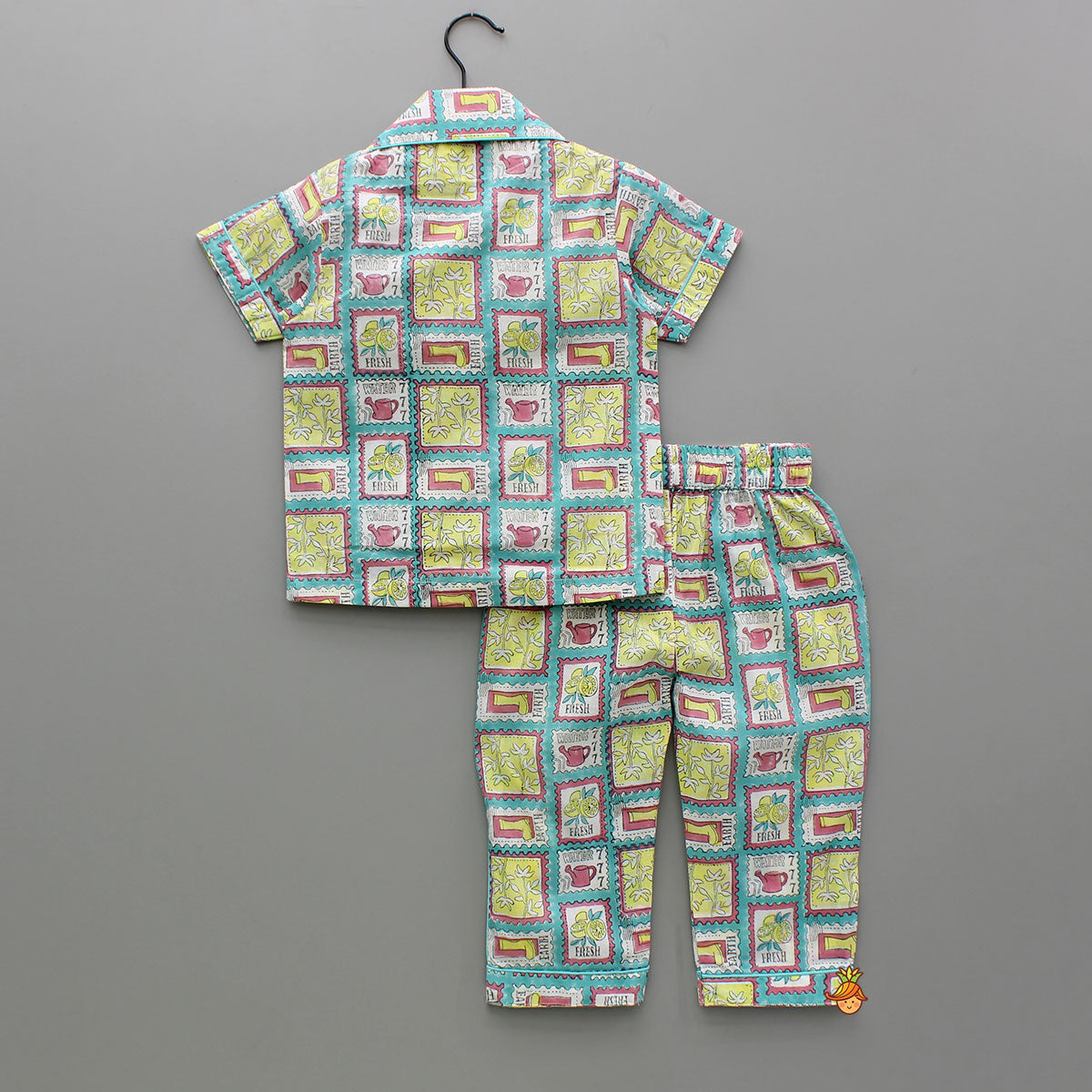 Pre Order: Hand Block Printed Multicolour Notch Collar Top And Pyjama