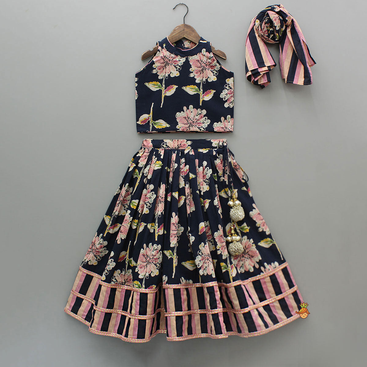 Pre Order: Multicolour Floral Printed Top And Lehenga With Dupatta