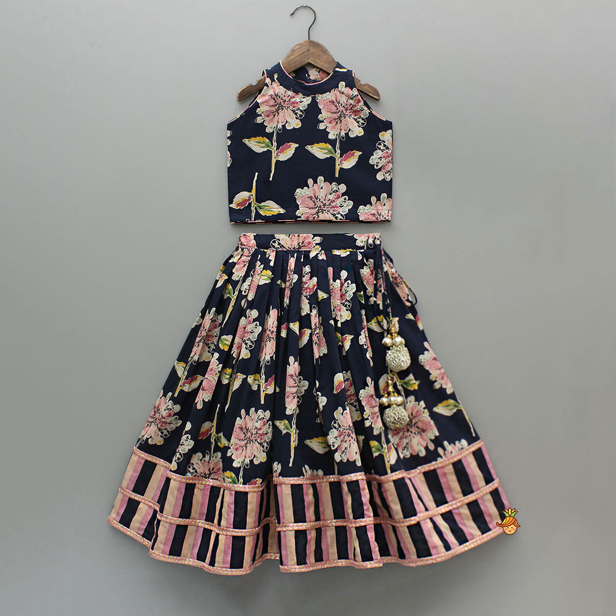 Pre Order: Multicolour Floral Printed Top And Lehenga With Dupatta