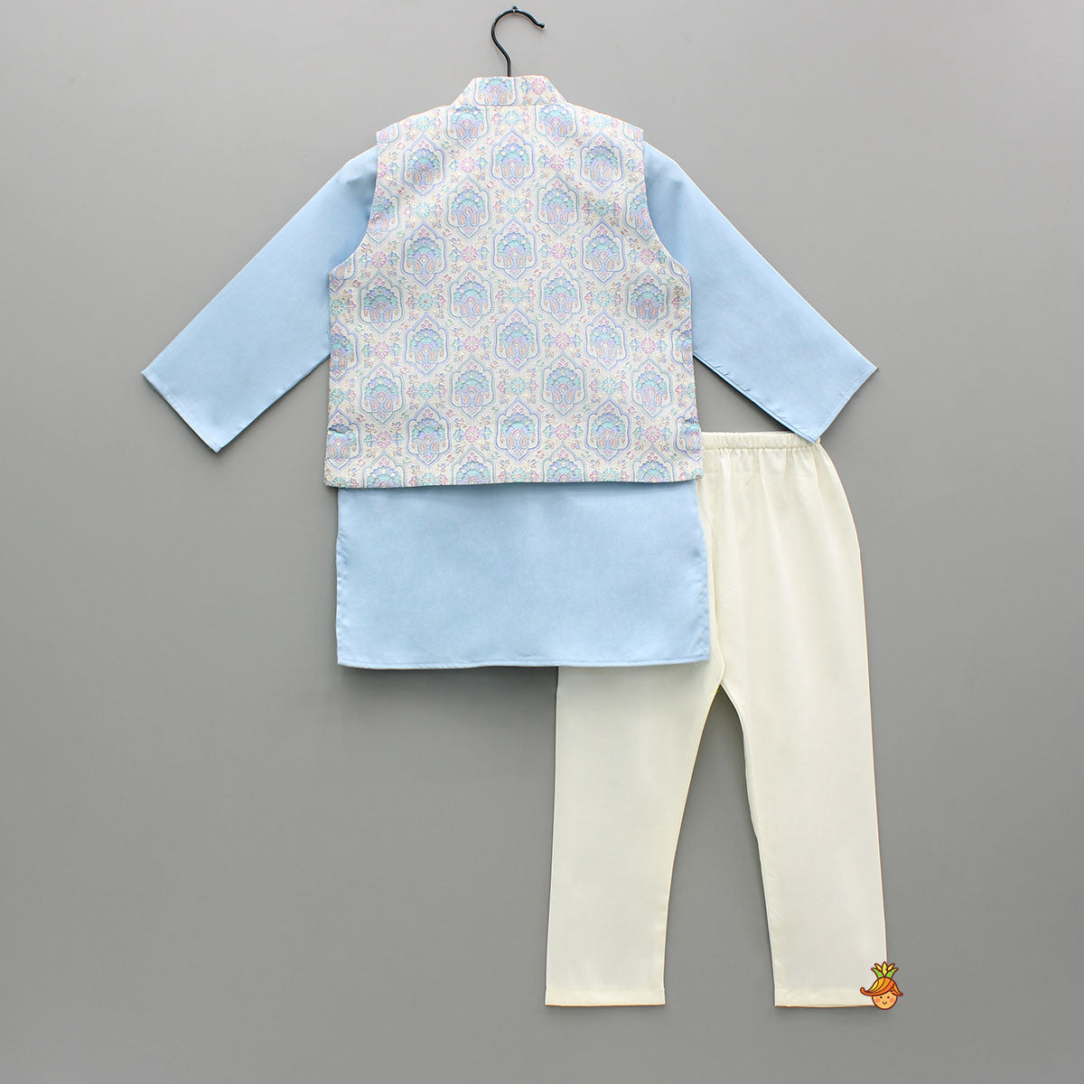 Pre Order: Blue Kurta With Printed Embroidered Jacket And Pyjama