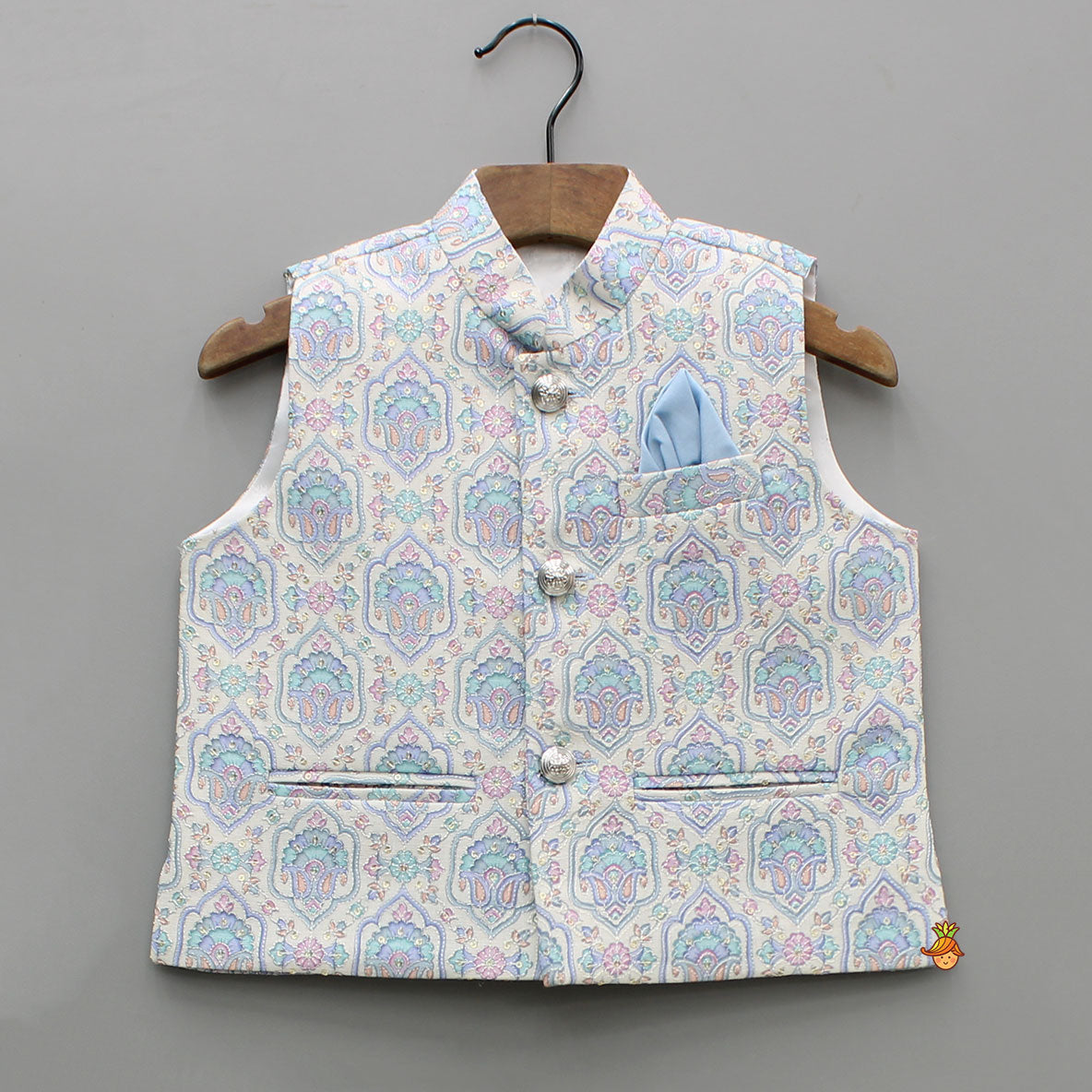 Pre Order: Blue Kurta With Printed Embroidered Jacket And Pyjama