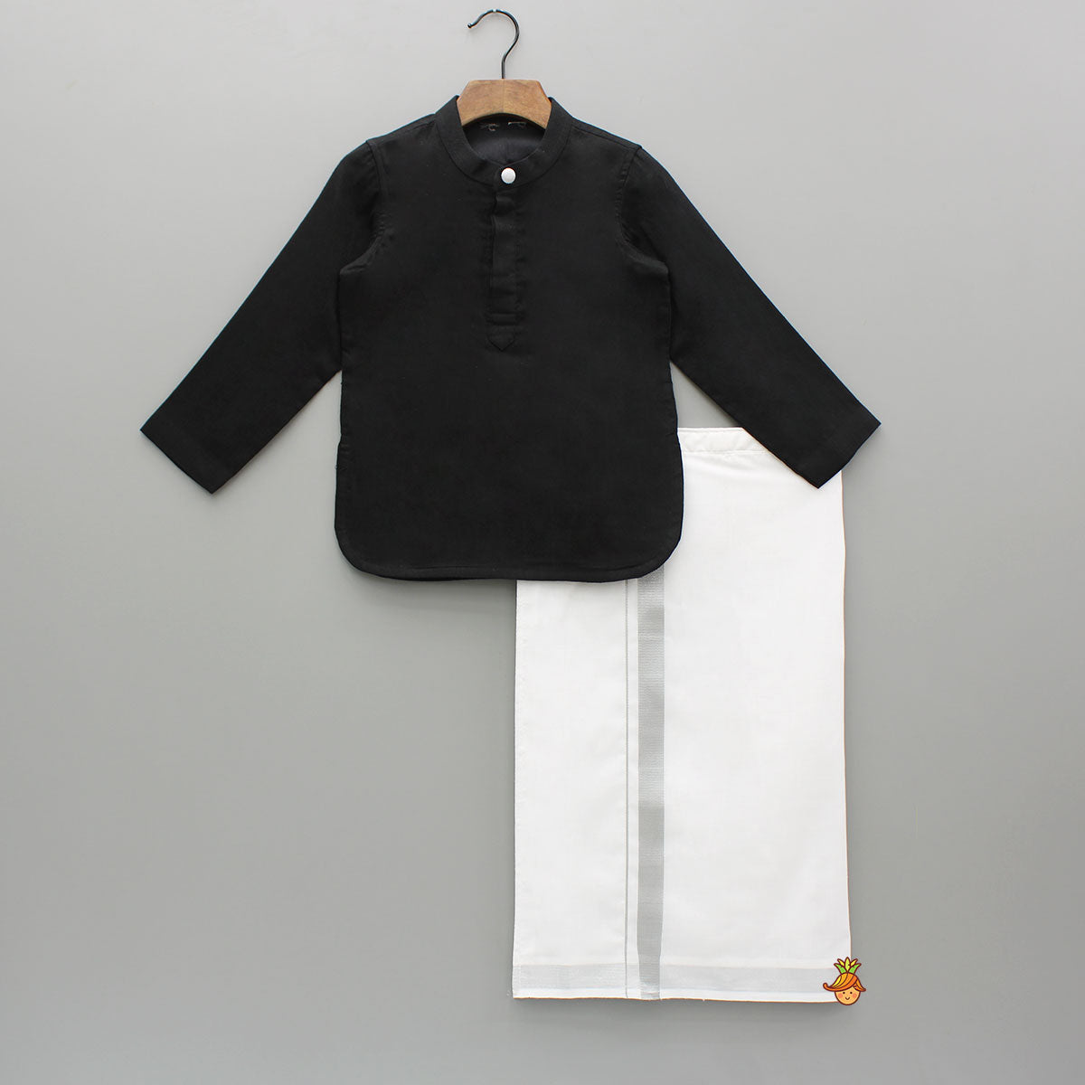 Pre Order: Exquisite Black Kurta And Velcro Wrap Lungi