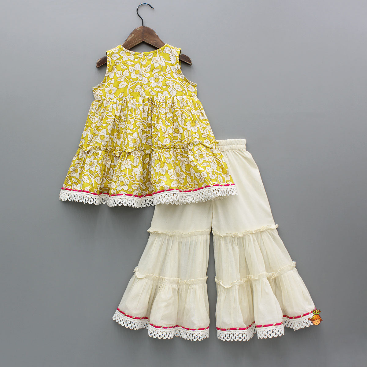 Pre Order: Yellow Floral Printed Top And Tiered Sharara