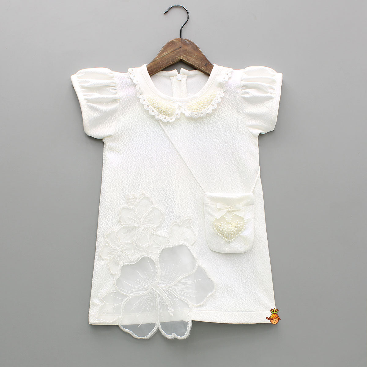 White Embellished Dress With Matching Sling Bag