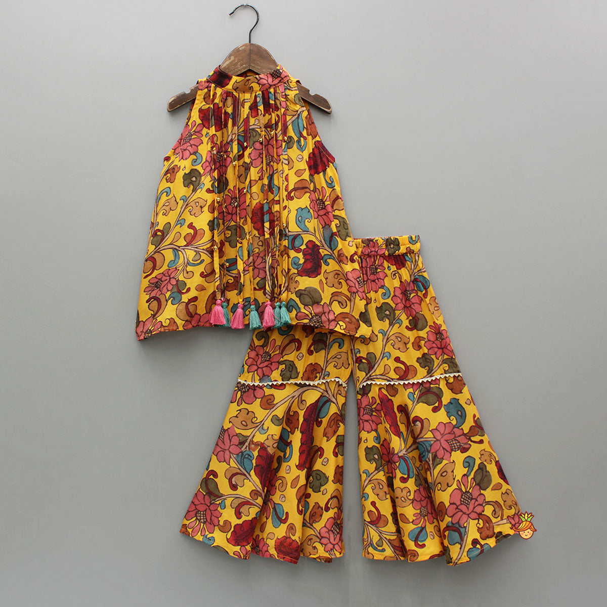 Pre Order: Dangling Strings Tassels Neckline Multicolour Printed Top And Sharara