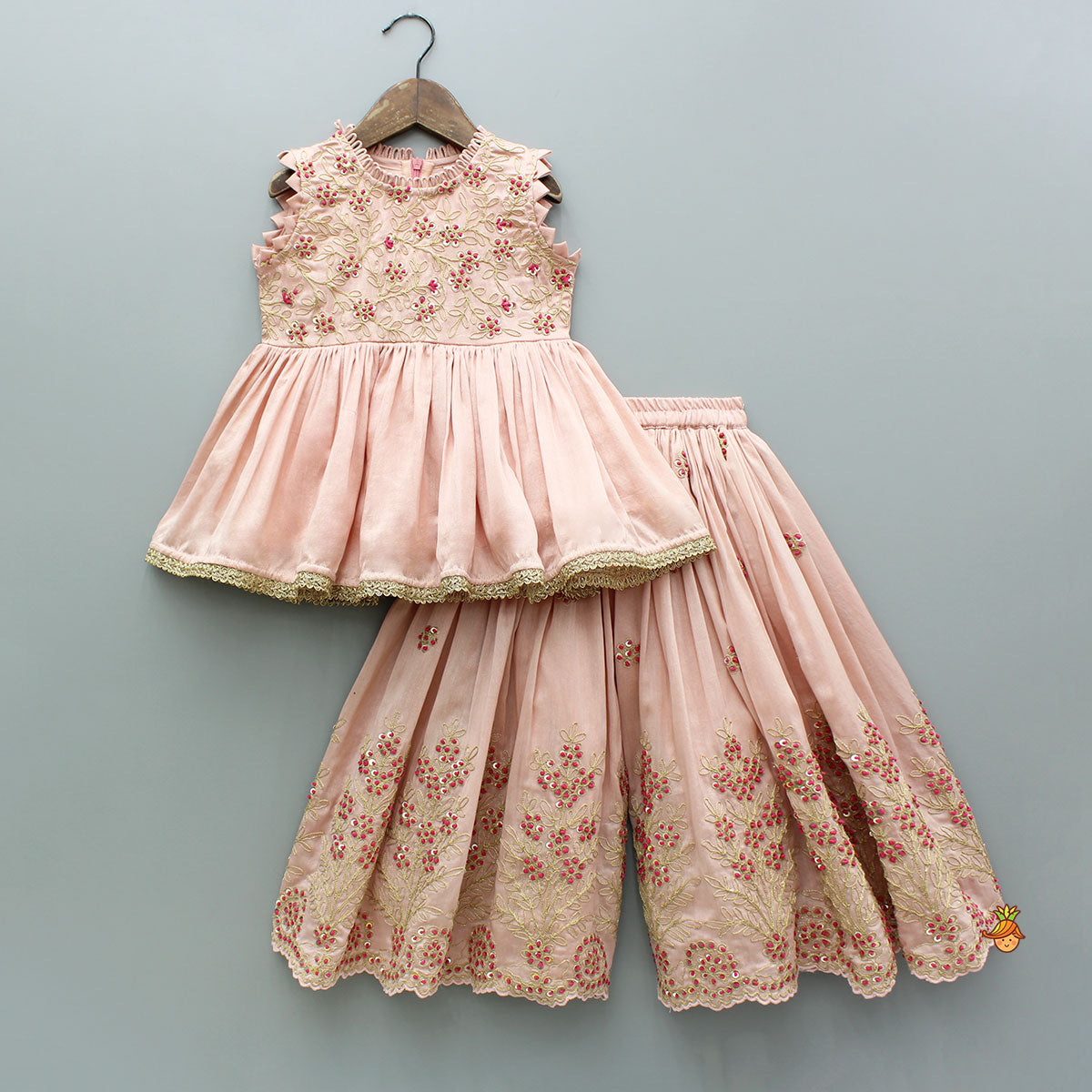 Pre Order: Peach Embroidered Chanderi Top And Palazzo