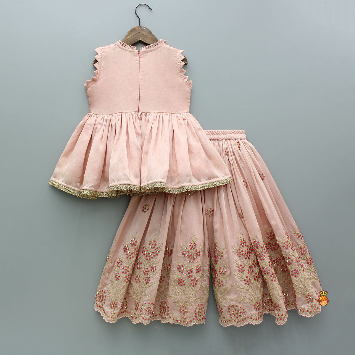 Pre Order: Peach Embroidered Chanderi Top And Palazzo