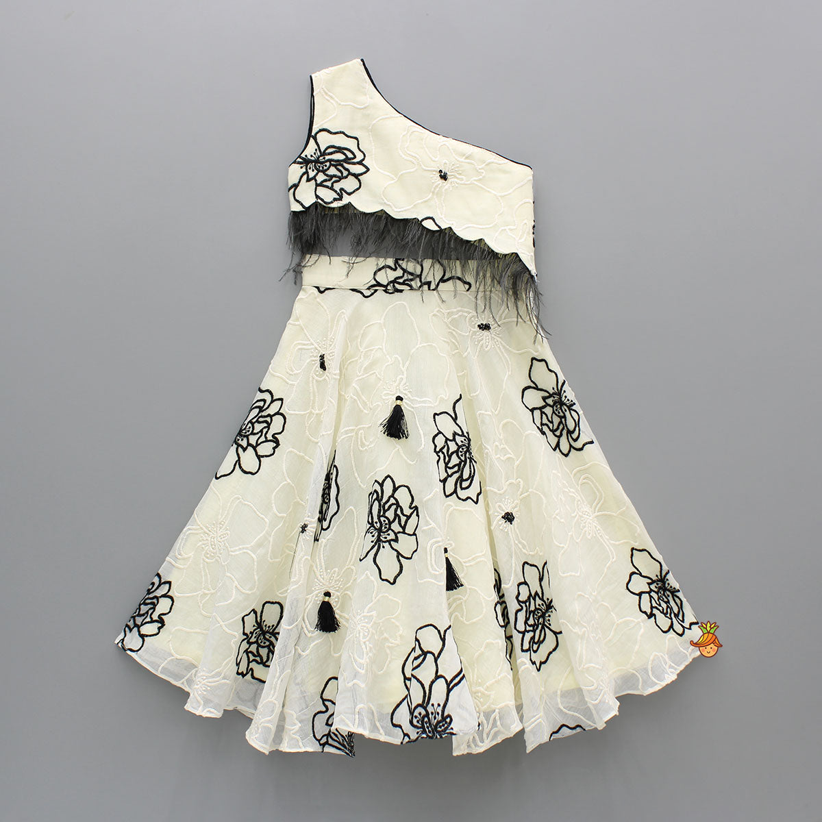 Pre Order: Cream One Shoulder Top And Umbrella Style Flared Lehenga