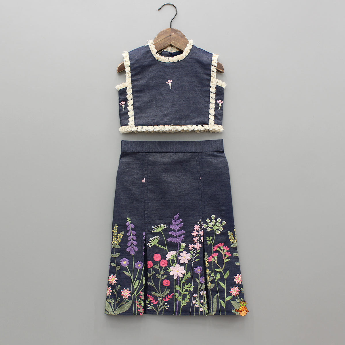 Blue Denim Embroidered Top And Stylish Skirt