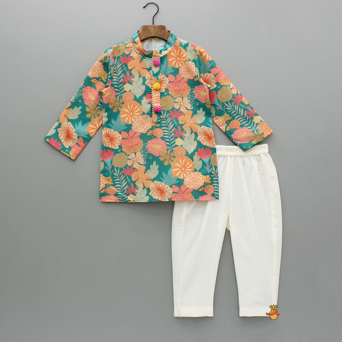 Pre Order: Pom Poms Adorned Multicolour Kurta And Dual Pockets Detail Off White Pyjama