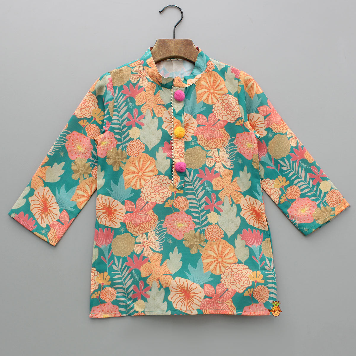Pre Order: Pom Poms Adorned Multicolour Kurta And Dual Pockets Detail Off White Pyjama