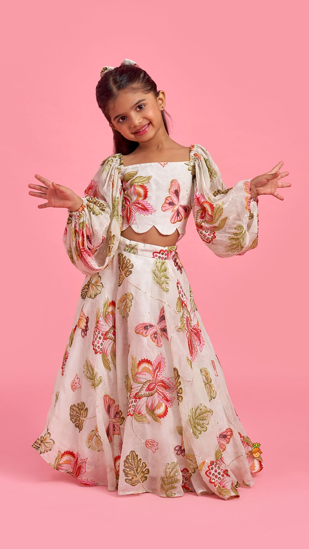 Pre Order: Beige Printed Embroidered Top And Umbrella Style Flared Lehenga With Matching Hairclip