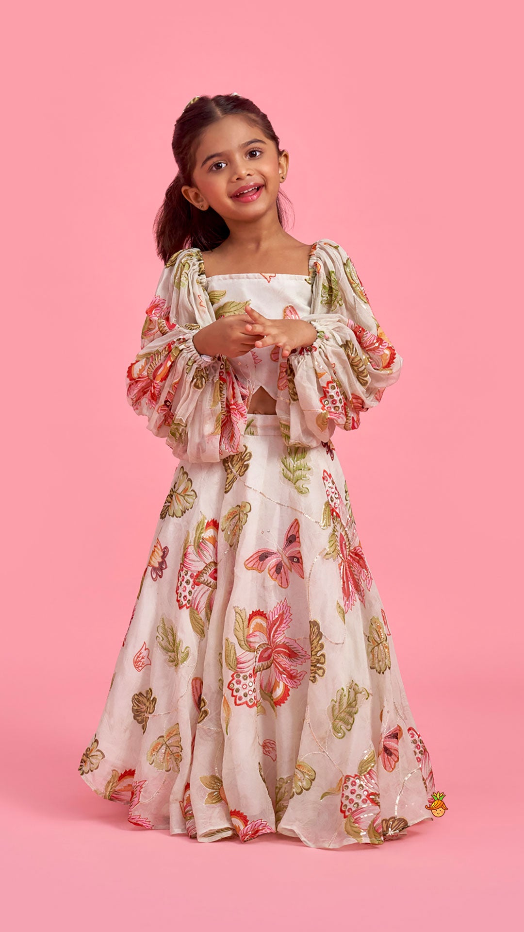 Pre Order: Beige Printed Embroidered Top And Umbrella Style Flared Lehenga With Matching Hairclip