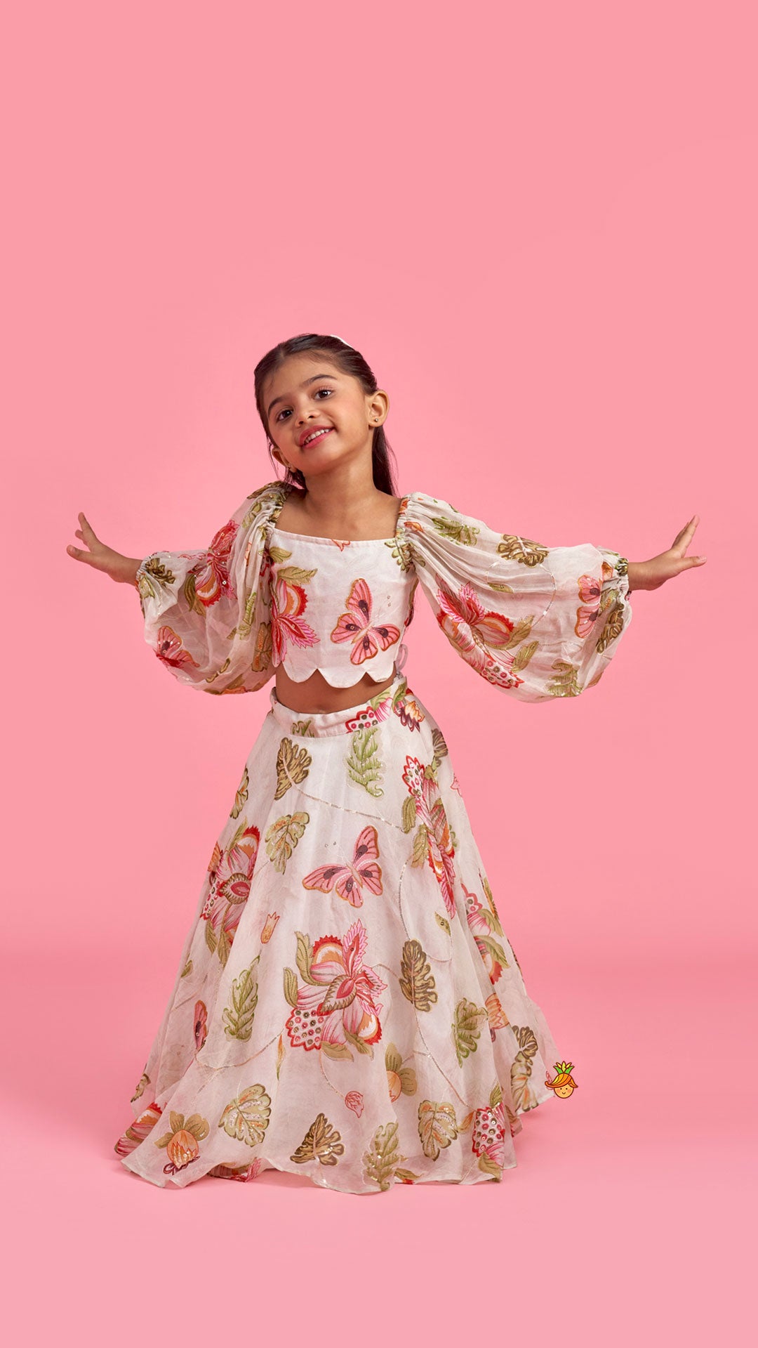 Pre Order: Beige Printed Embroidered Top And Umbrella Style Flared Lehenga With Matching Hairclip