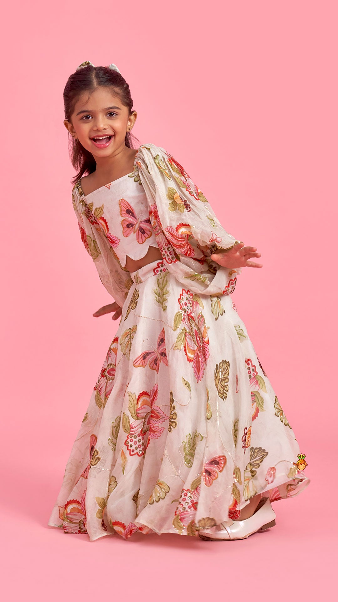 Pre Order: Beige Printed Embroidered Top And Umbrella Style Flared Lehenga With Matching Hairclip