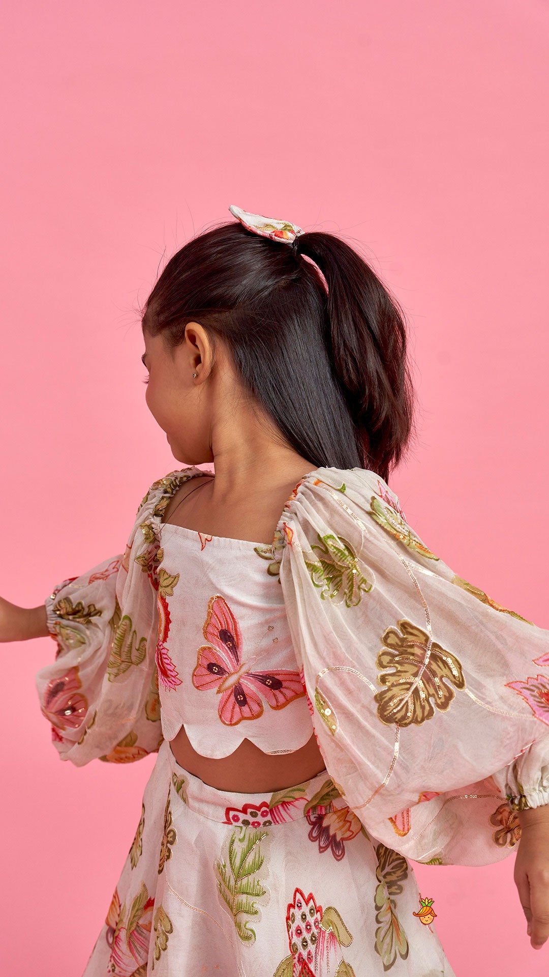 Pre Order: Beige Printed Embroidered Top And Umbrella Style Flared Lehenga With Matching Hairclip