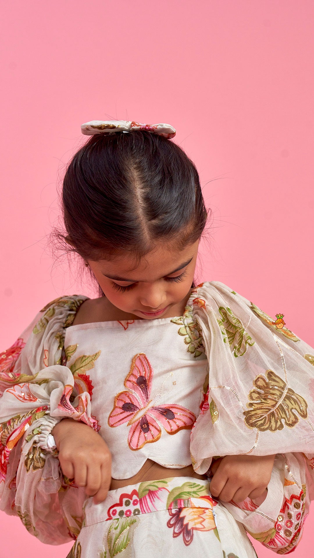 Pre Order: Beige Printed Embroidered Top And Umbrella Style Flared Lehenga With Matching Hairclip