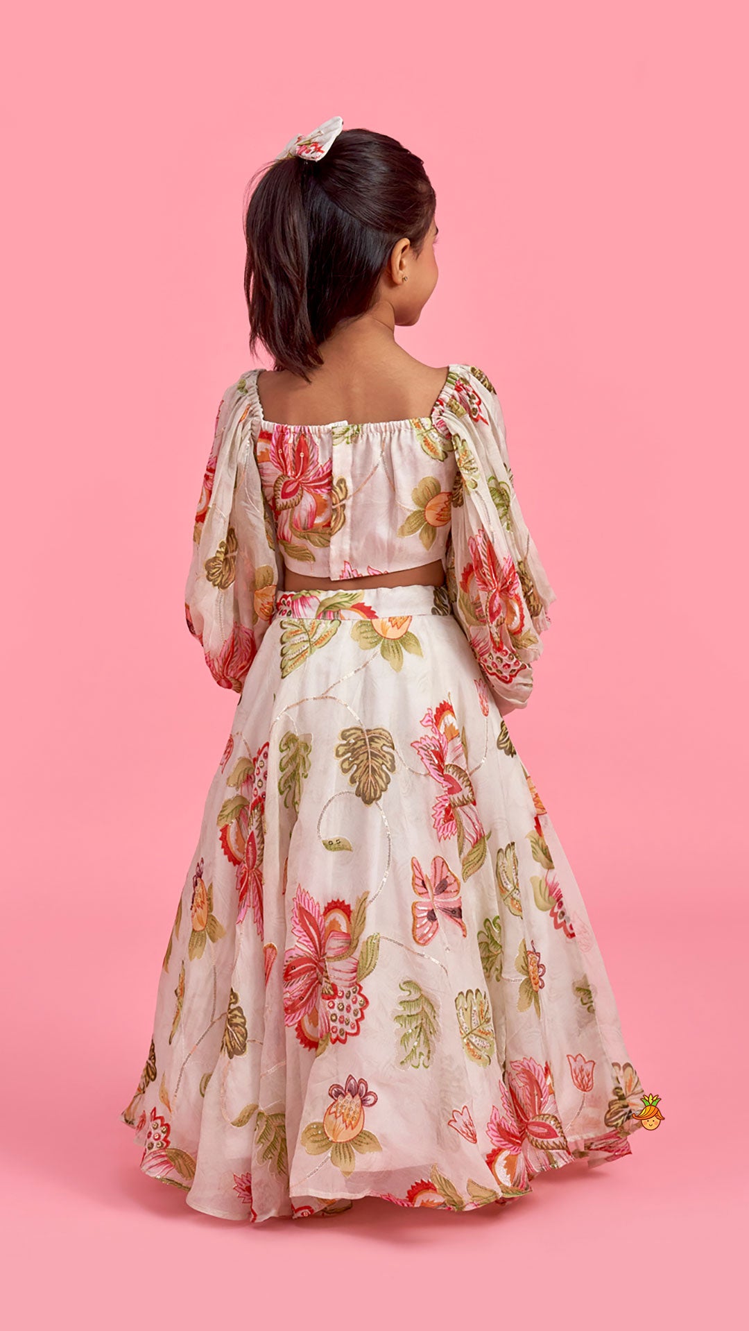 Pre Order: Beige Printed Embroidered Top And Umbrella Style Flared Lehenga With Matching Hairclip