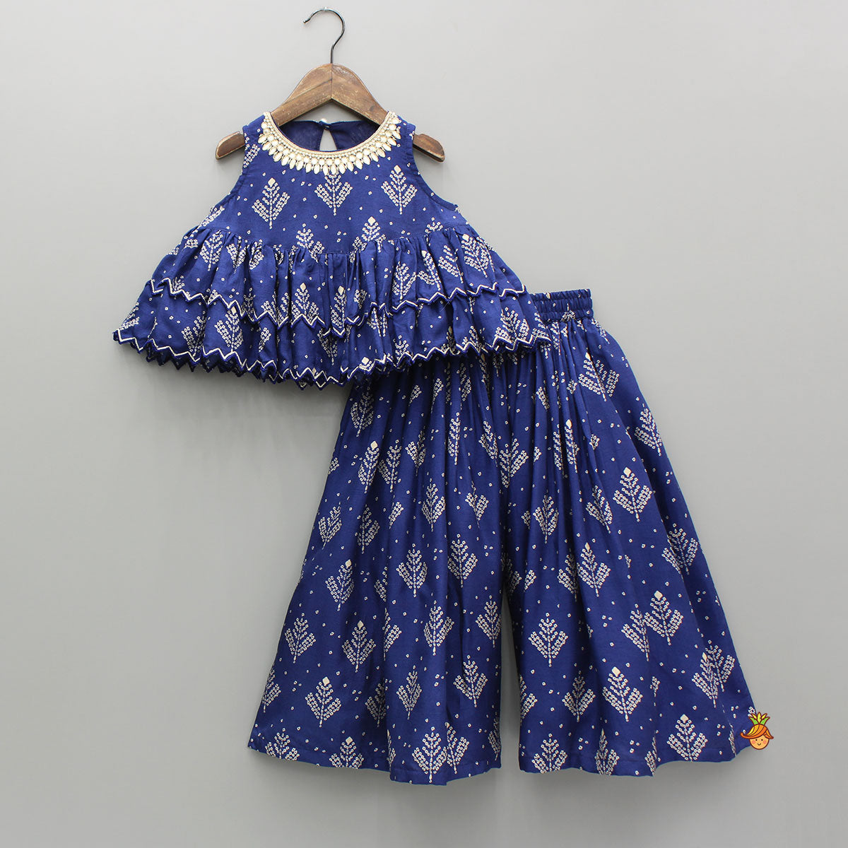 Pre Order: Blue Printed Embroidered Layered Top And Flared Palazzo