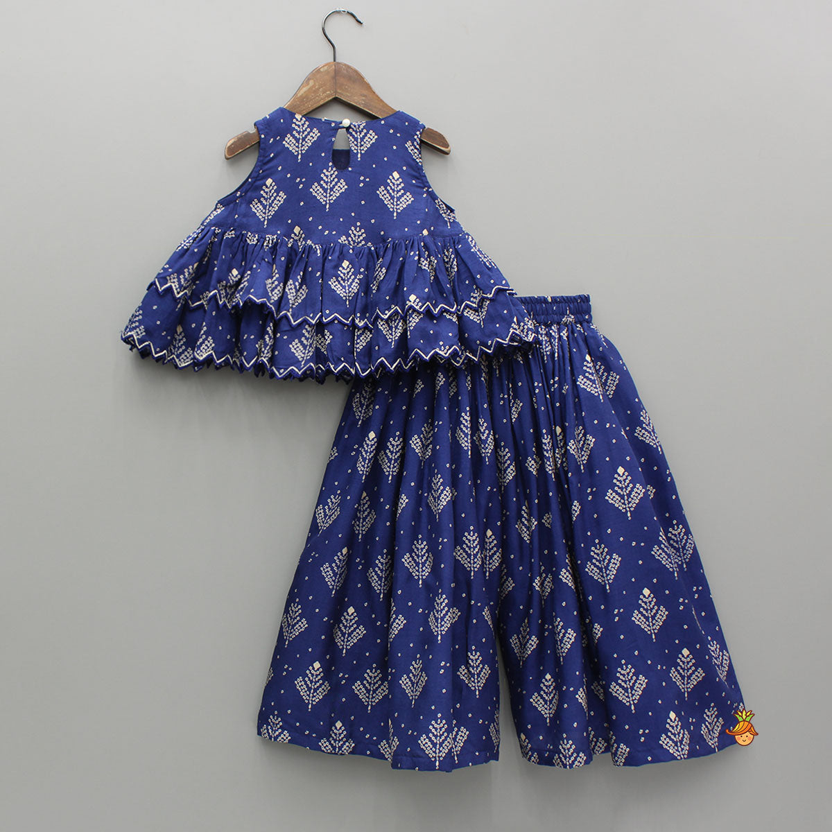 Pre Order: Blue Printed Embroidered Layered Top And Flared Palazzo