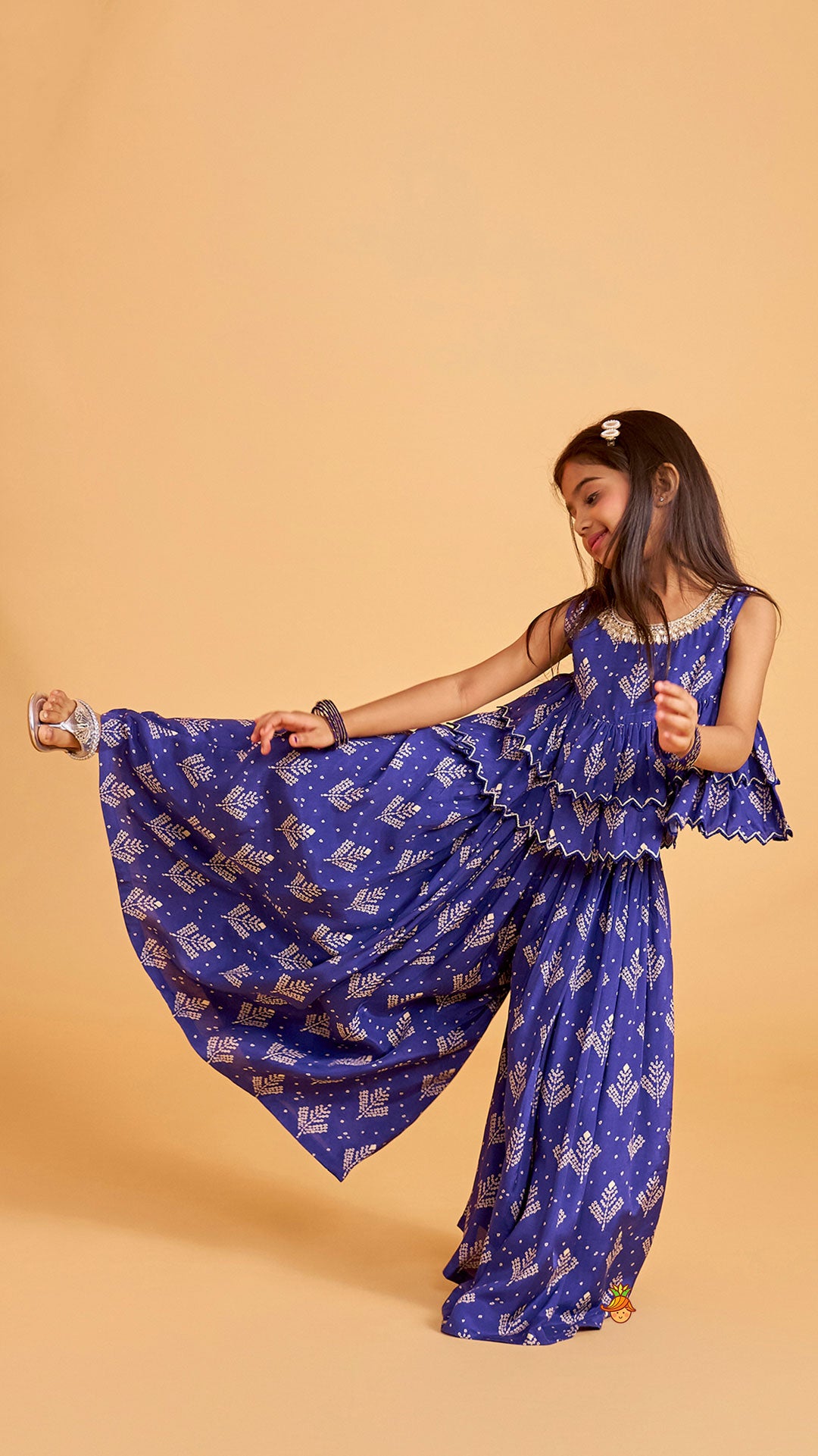 Pre Order: Blue Printed Embroidered Layered Top And Flared Palazzo