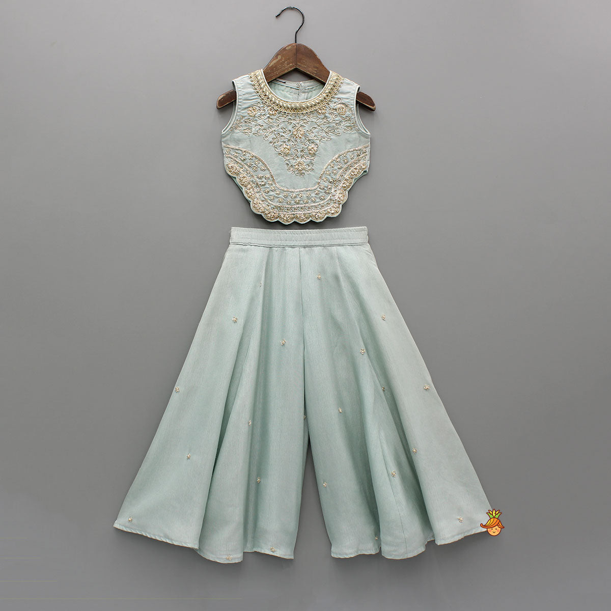 Pre Order: Embroidered Scalloped Detail Top And Flared Palazzo With Dupatta